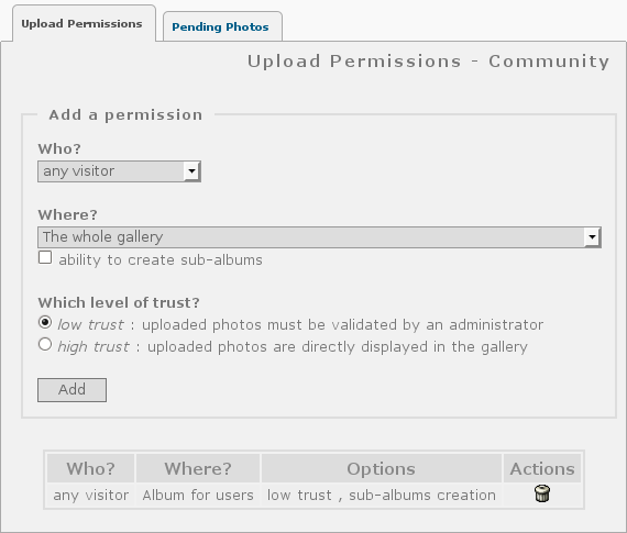 Piwigo User Upload with Community plugin, manage permissions