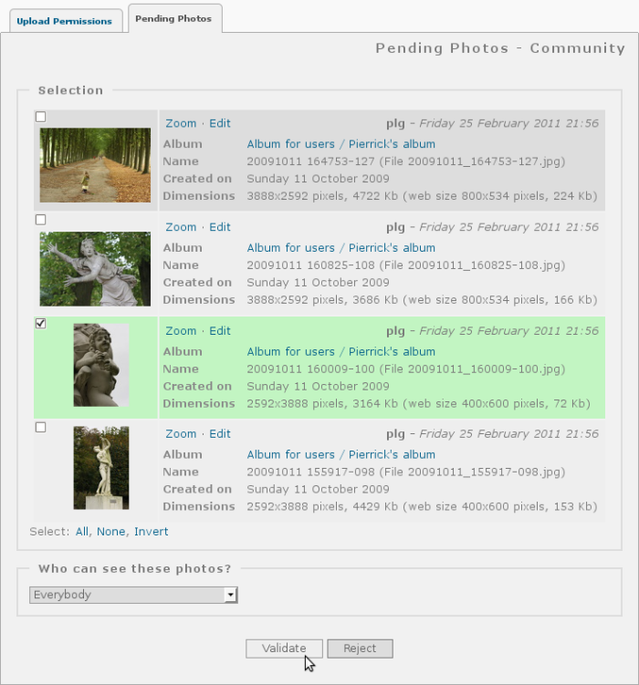 Piwigo User Upload with Community plugin, pending photos